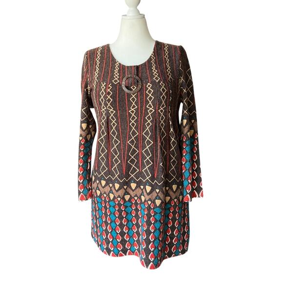 Cathaya Boho Brown Graphic Stretch Knit Tunic Women's Size L Wood Accent Fall - Picture 1 of 7